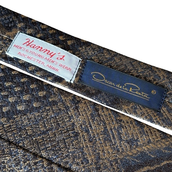 Oscar de la Renta Mens Tie Made in the USA 100% Silk Gold Blue Black Vintage - Picture 3 of 7